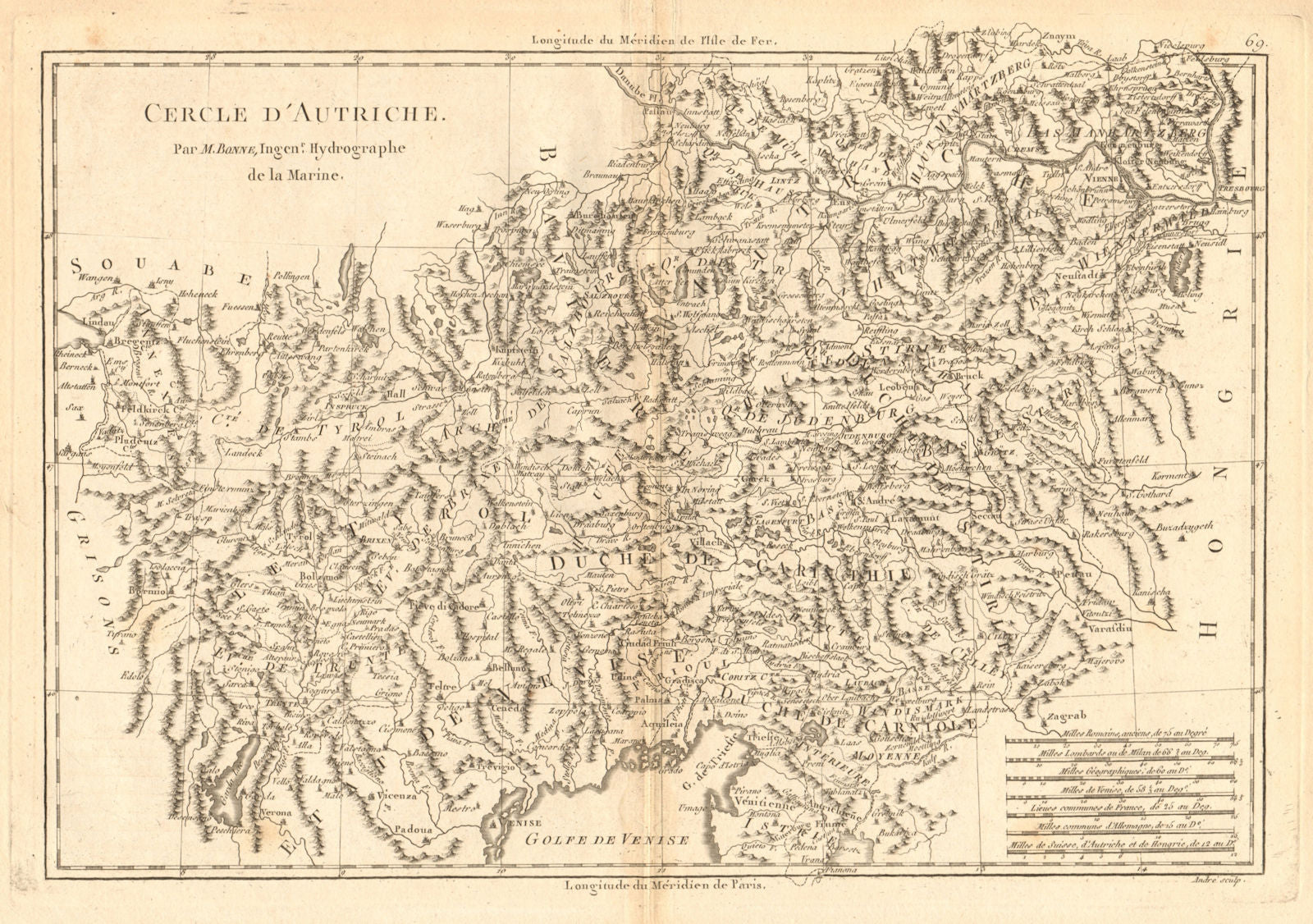 Cercle d’Autriche. Circle of Austria. BONNE 1787 old antique map plan chart